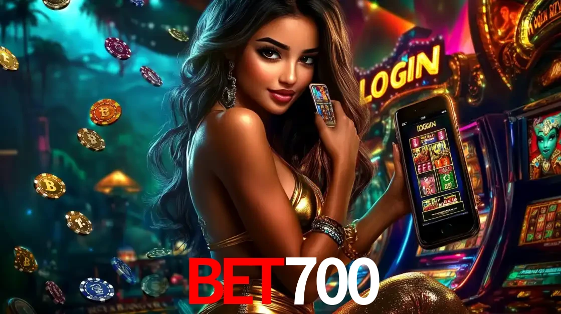 Mulher em um cenário de cassino temático de aventura, mostrando o app de caça-níqueis da BET700 no celular. Fichas de apostas flutuam ao redor.