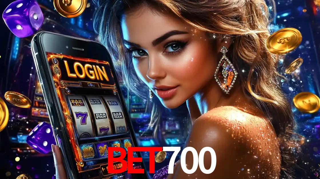Mulher glamorosa segurando um smartphone com a tela de login para os jogos de caça-níqueis do cassino online BET700, com moedas de ouro e dados ao redor.