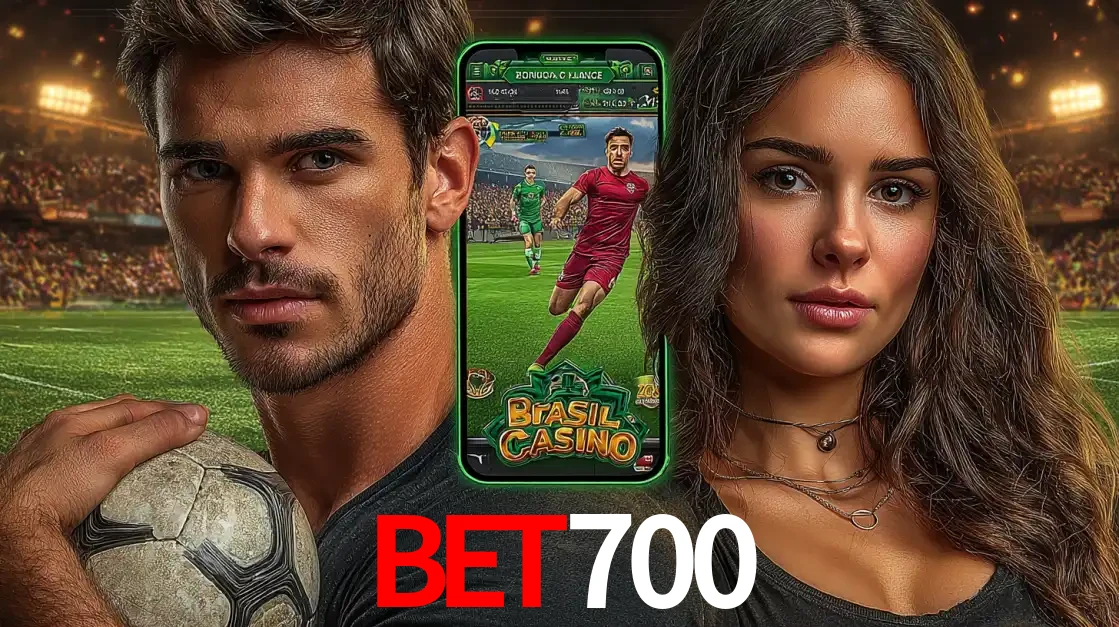 Homem segurando uma bola de futebol e uma mulher ao lado de um smartphone exibindo o jogo de apostas esportivas da BET700. Faça seu palpite no cassino online.